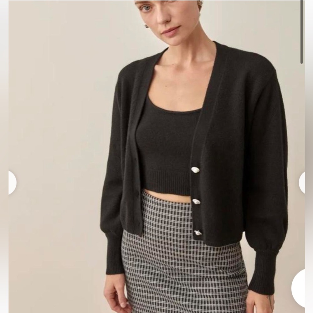 Reformation Varenne Cashmere Tank Top with Matching Cardigan Size S Black